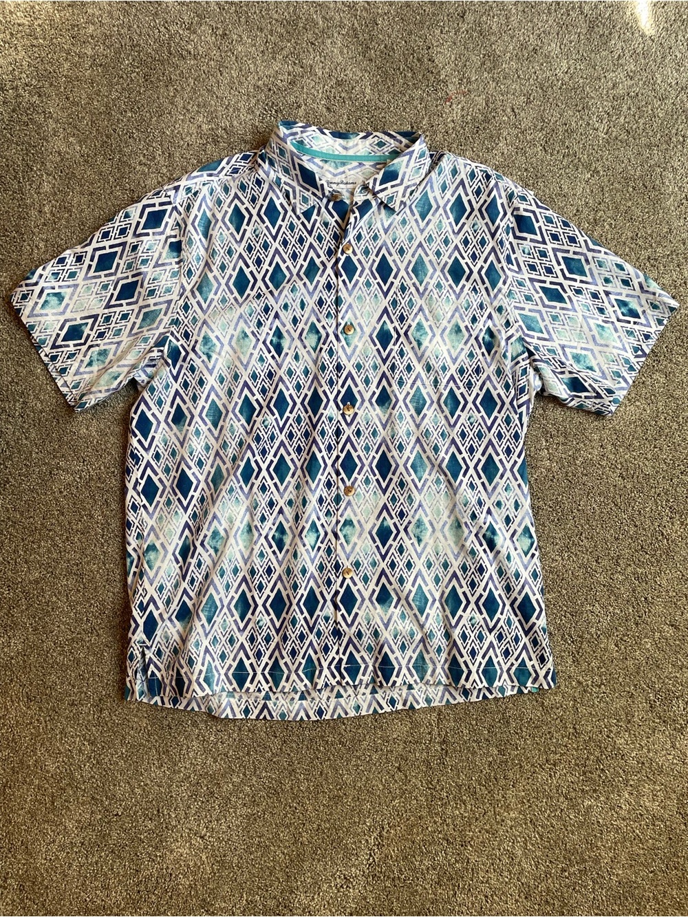 Tommy Bahama Men’s Blue and White Geometric Short-Sleeve Button-Down Shirt Large